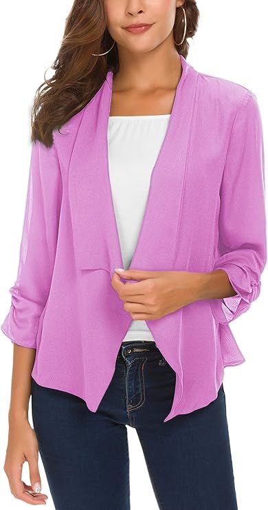 Women's Ruched Sleeve Lightweight Thin Chiffon Blazer | Amazon (US)