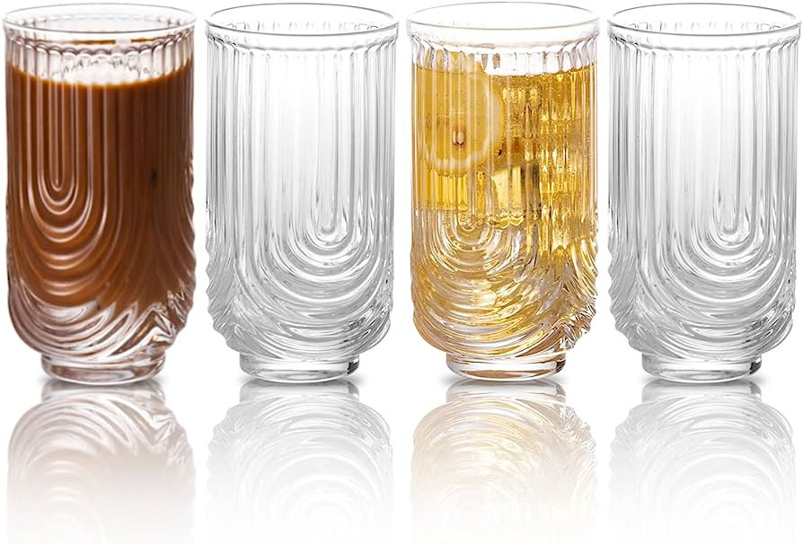 INSETLAN Vintage Glassware Arch Design Glass Cups Set of 4, Fashioned Ripple Glassware Highball G... | Amazon (US)