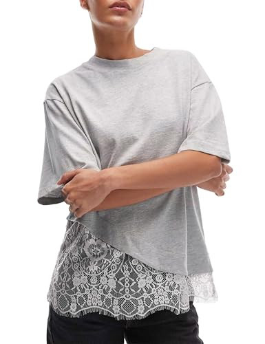 GTLIAE Womens Lace Patchwork Tops Casual Short Sleeve Cotton T Shirts(LightGrey02-X-Large) | Amazon (US)
