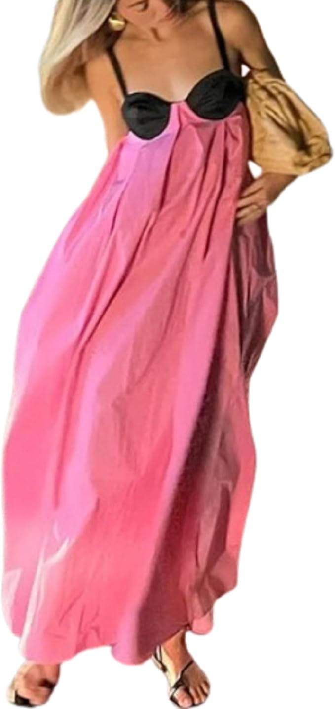 Faretumiya Women Backless Lace Up Maxi Dress Spghetti Strap Contrasting Color Long Dresses Sleeve... | Amazon (US)