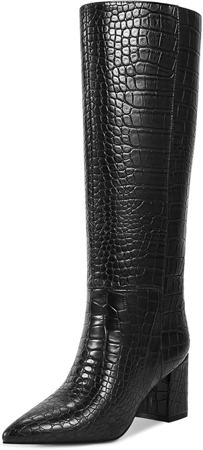 wetkiss Knee High Boots Women Chunky Heel Faux Crocodile Boots Pointed Toe Tall Boots Long Wide C... | Amazon (US)