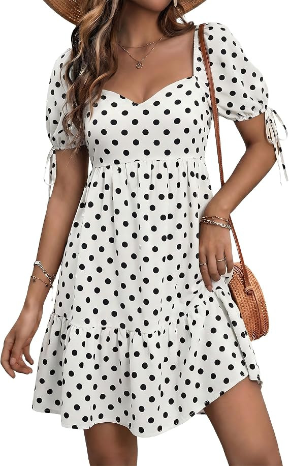 Womens Polka Dot Dress Puff Short Sleeve Mini Dresses Sweetheart Neck Flowy A Line Dress for Summ... | Amazon (US)