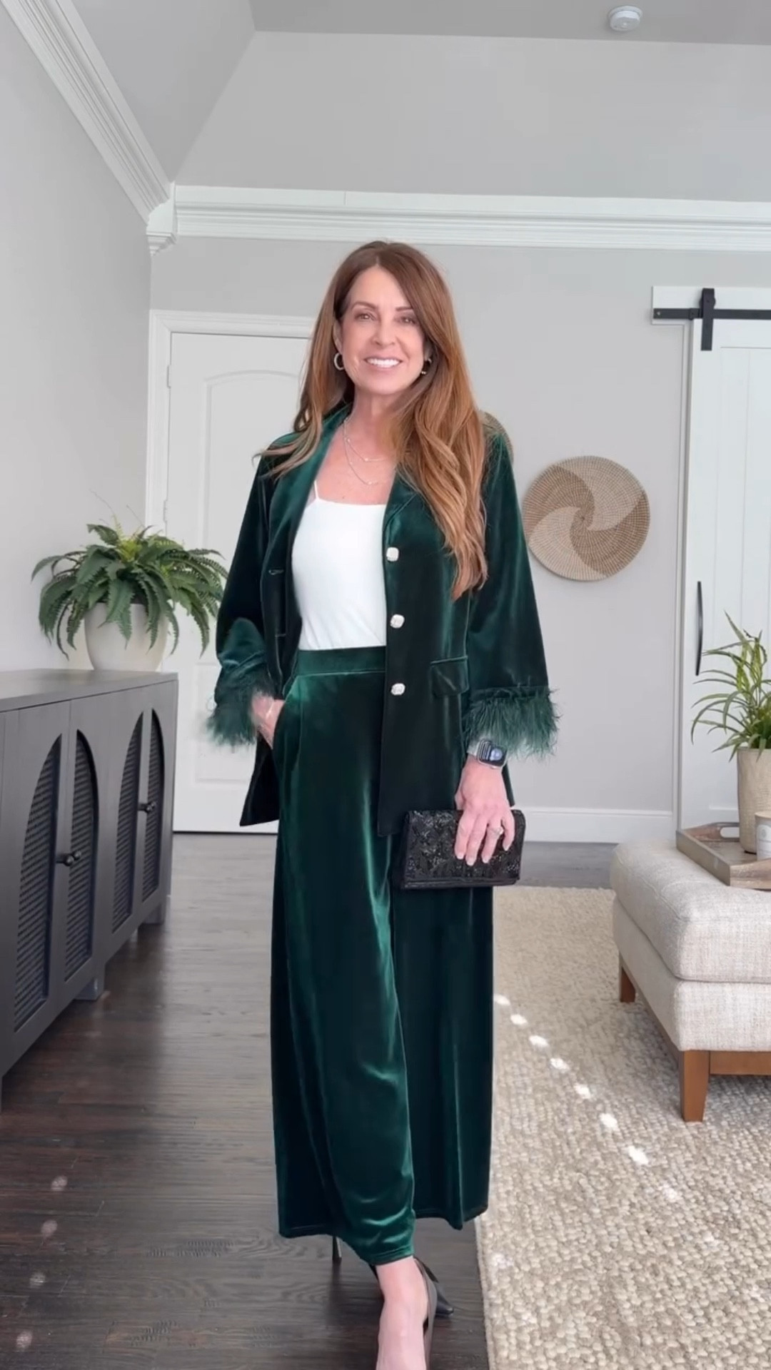 Velvet and feathers are the perfect combination for the holiday season! These fabulous pieces are available in this gorgeous green, navy and black. In fact, there are many more options available, all of which will get all the compliments when you enter the room.

I’m wearing size XS in the feather sleeve jacket and size XS in the wide leg cropped green velvet pants. I’m 5’1 so the pants are longer on me.

I paired with silver jewelry, black heels, and  a black beaded bag.

holiday outfit, new year’s eve

#judeconnally #midlifestyle #holidayoutfit

#LTKOver40 #LTKHoliday #LTKPetite