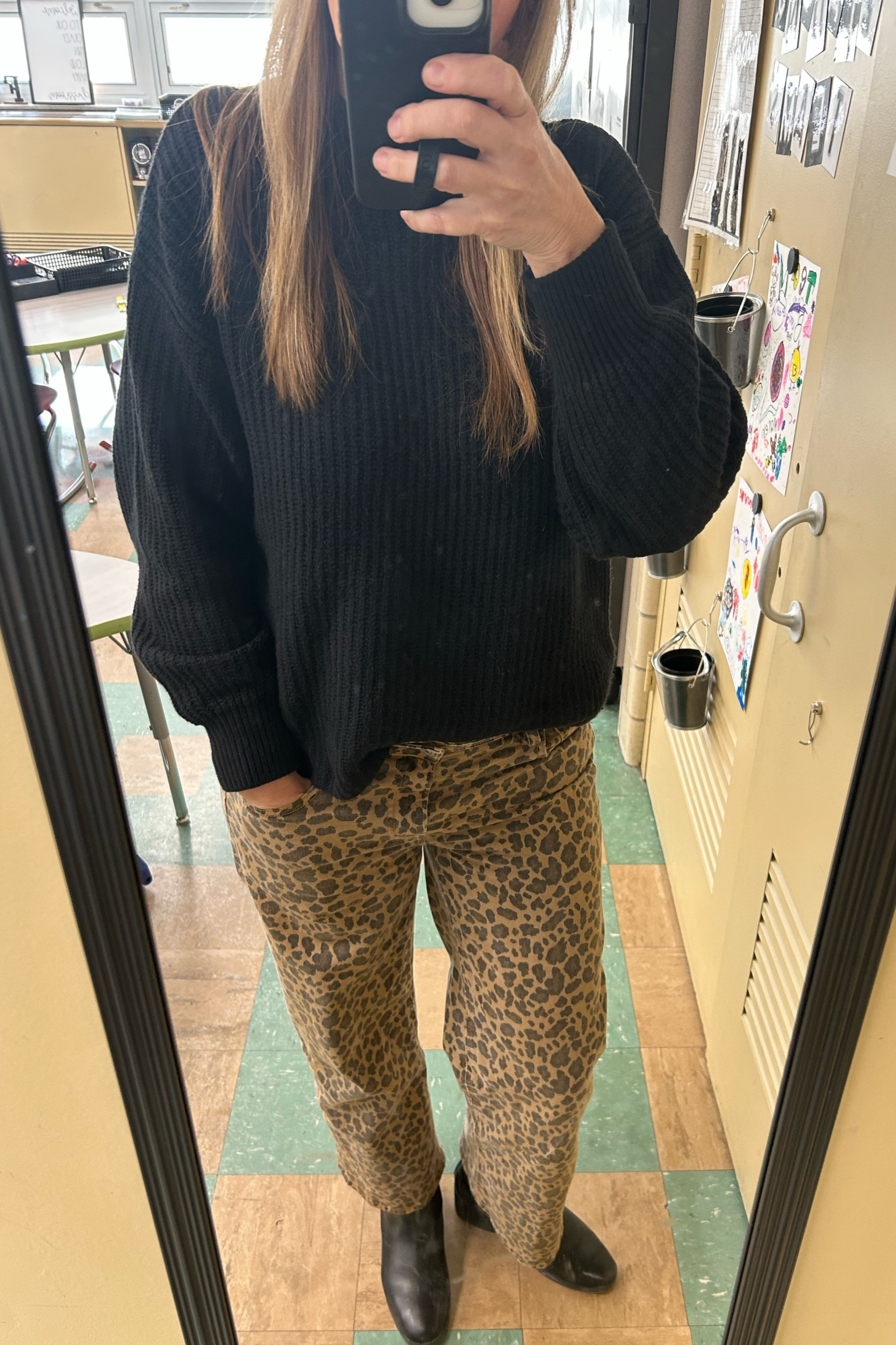 Spotted in my favorite winter look. Quick and easy workwear look! Chunky black sweater, leopard pants, and Chelsea boots. #teacher #teacherootd #leopard 

#LTKWorkwear #LTKFindsUnder50 #LTKStyleTip