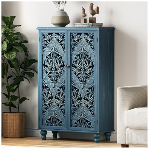 JOINICE 47" Tall Accent Cabinet with Navy Blue Mandala Carved Doors, Solid Wood Legs Storage Cabinet with 100 lbs Capacity, Boho Farmhouse Sideboard Buffet for Entryway, Living Room & Coffee Bar | Amazon (US)