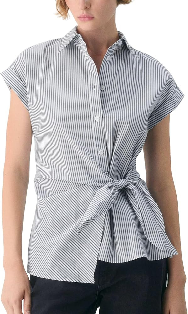 Hixiaohe Womens Sleeveless Button Down Shirts Casual Striped Collared Tank Tops Front Tie Waist O... | Amazon (US)
