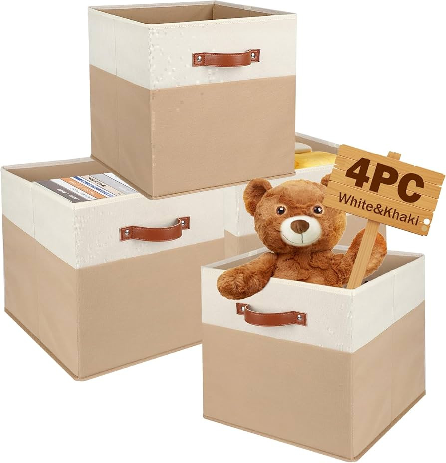 13x13x13 Storage Cubes Bins 4 Pack, Upgrade Collapsible Fabric Storage Cubes with PU Handle, Simp... | Amazon (US)