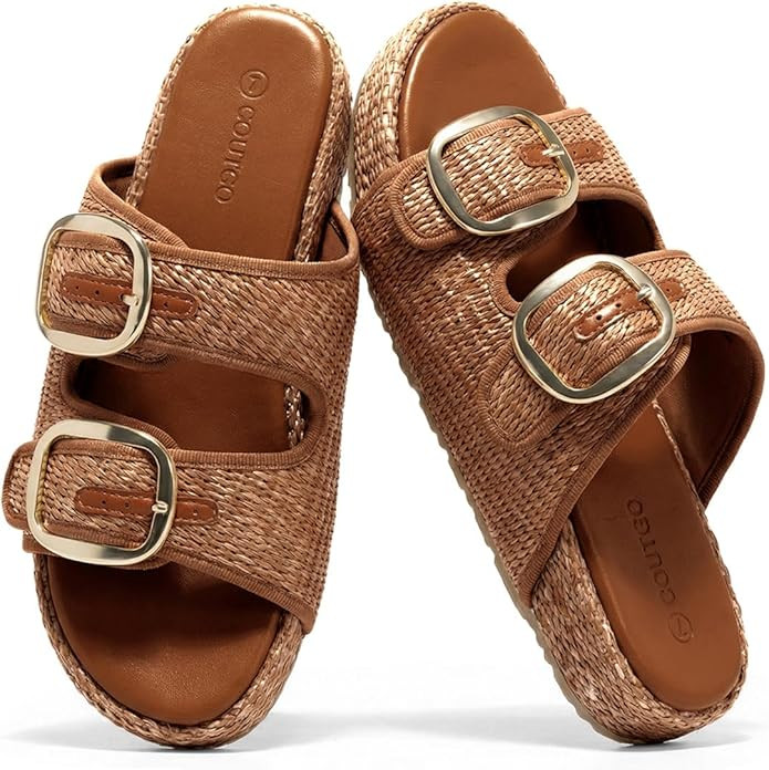 Coutgo Womens Platform Sandals Raffia Espadrilles Two Band Open Toe Slip On Slides Beach Vacation... | Amazon (US)