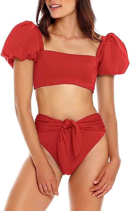 Fisoew Women's High Waist Bikini Sets Tie Knot Tummy Control Swimwear 2 Piece Swimsuits | Amazon (US)
