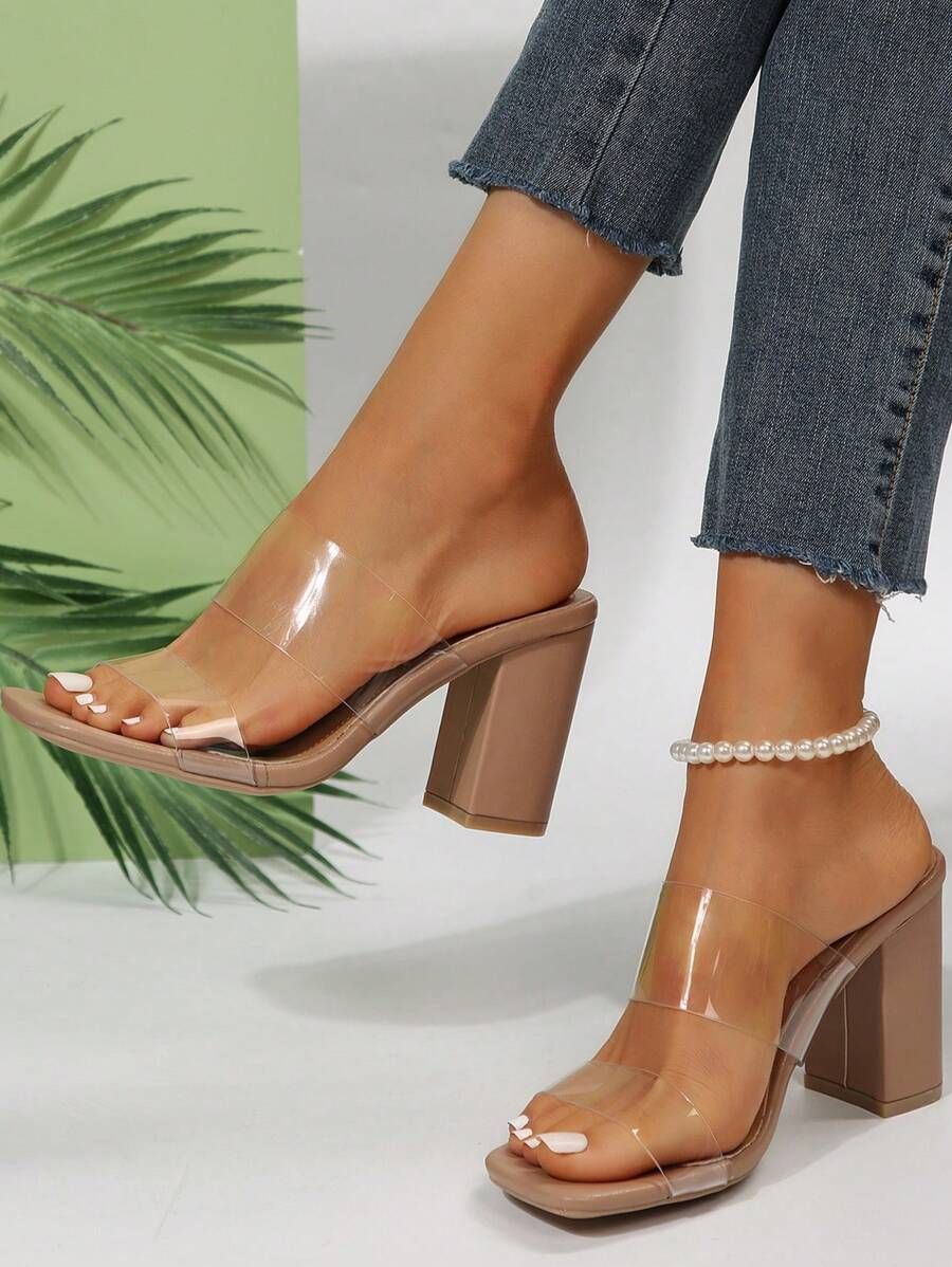 Women Clear Strap Chunky Heeled Sandals, Fashion Summer PVC Mule Sandals | SHEIN