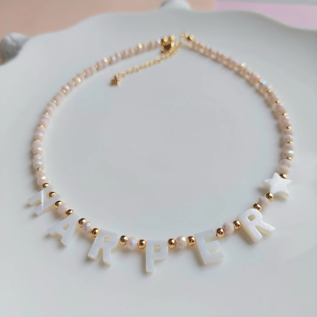 Custom Name Necklace With Mother of Pearl Letter Beads, Personalised Necklace - Etsy | Etsy (US)