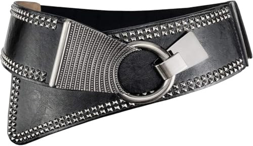 Women's Fashion Vintage Wide Waist Belt Elastic Stretch Cinch Belts With Interlock Buckle, Black, One Size | Amazon (US)