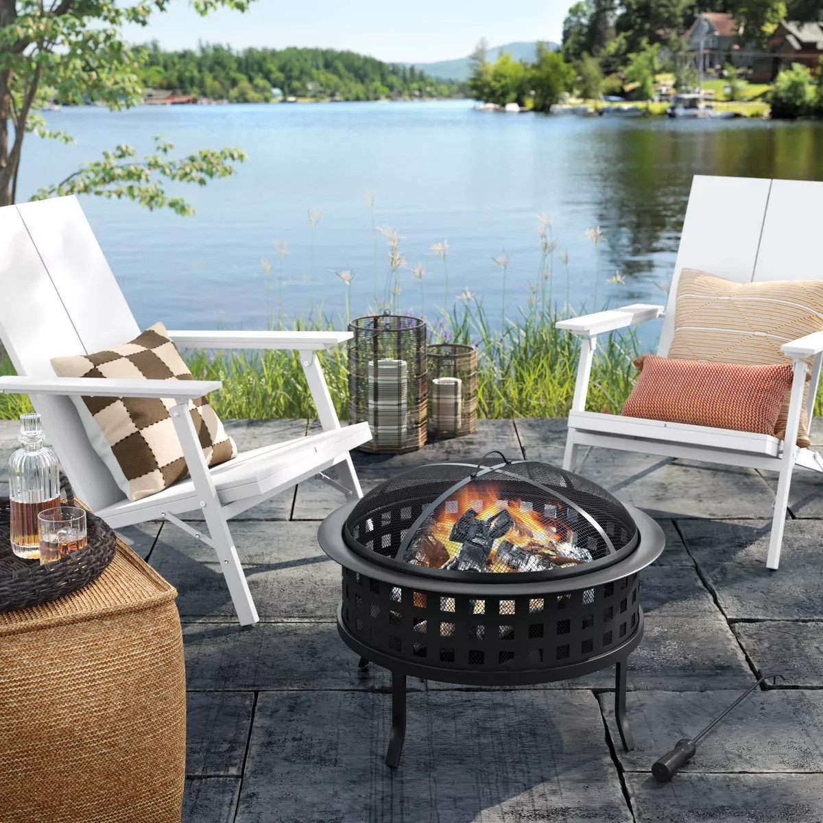 Metal Lattice Wood Burning Round Outdoor Fire Pit Black - Threshold™: Rust-Resistant Steel, Mes... | Target