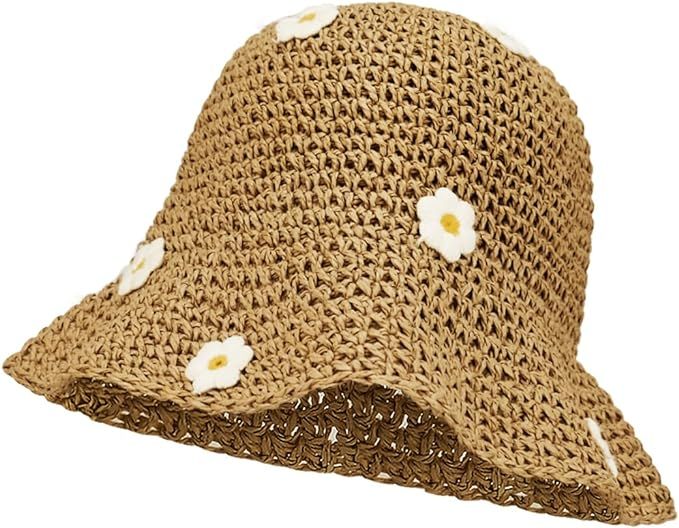 Women Straw Sun Hat Foldable Beach Hat Wide Brim Floppy Bucket Hat | Amazon (US)