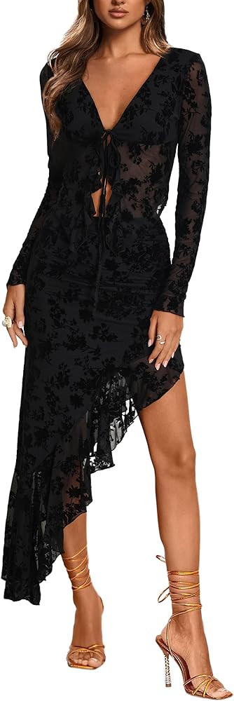 CSDAJIO Women 2 Piece Outfits Floral Lace Tie Front Sheer Long Sleeve Crop Top and Asymmetrical R... | Amazon (US)