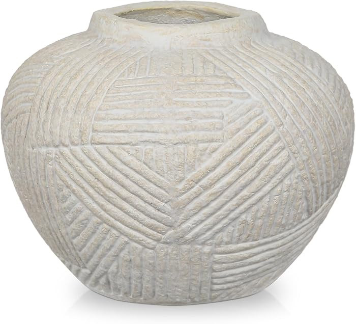 5" Rustic Ceramic Vase for Flowers with Linear Sculpture, Round Terracotta Vase in Retro Farmhous... | Amazon (US)