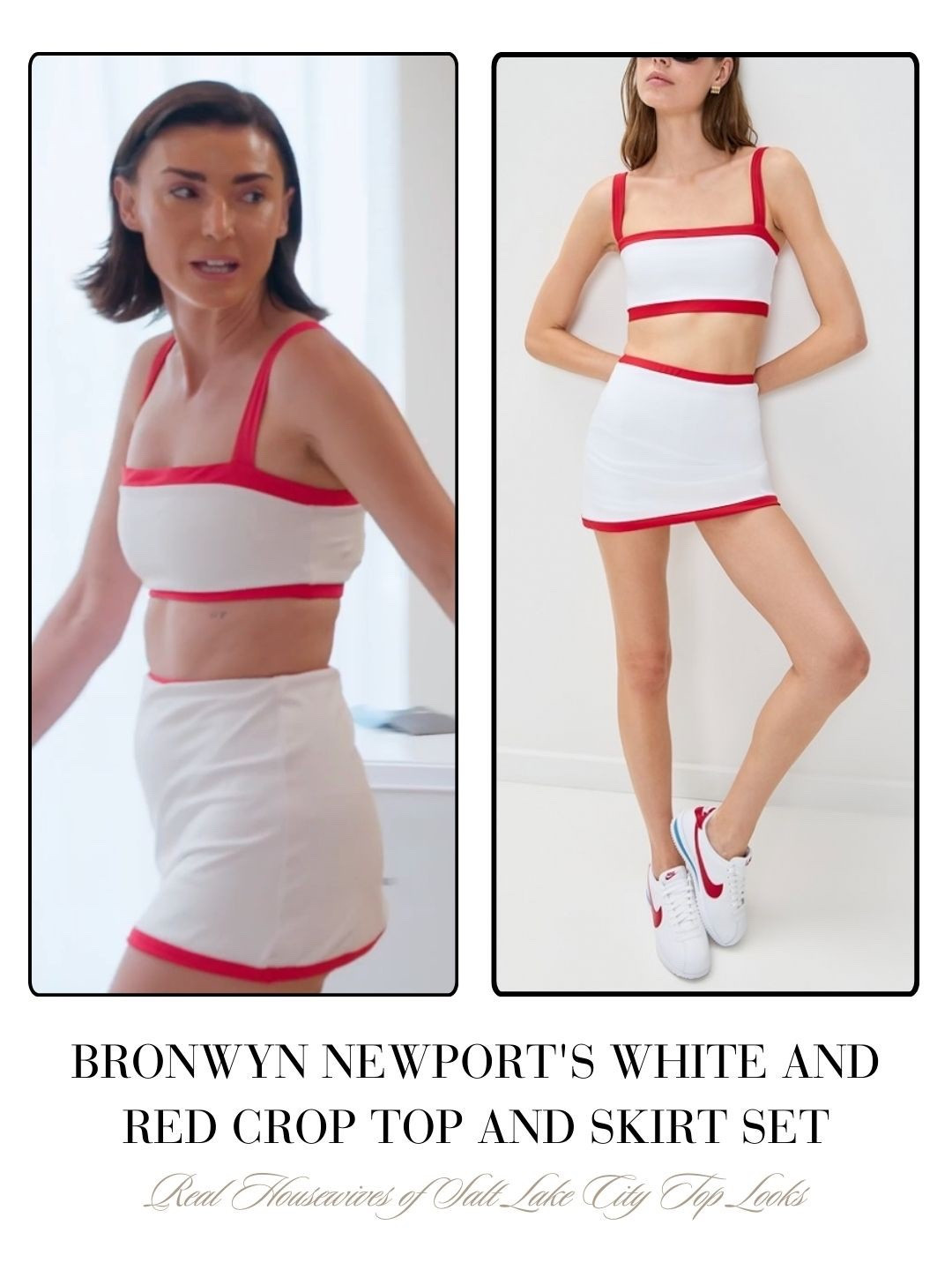 Bronwyn Newport’s White and Red Crop Top and Skirt Set 