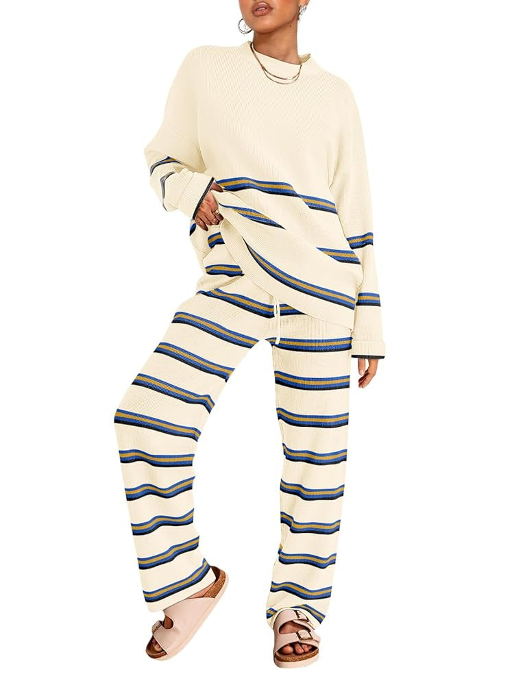 LILLUSORY 2 Piece Sets for Women 2025 Fall Outfits Two Piece Lounge Sets Sweatsuits Striped Knit ... | Amazon (US)