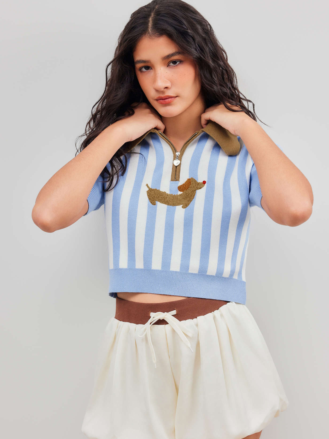 Knit Fabric Knit Polo Dog Striped Zipper Short Sleeve Top For School | Cider