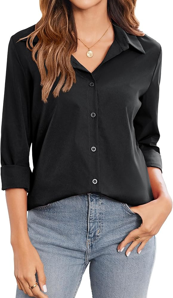 Zeagoo Womens Button Down Shirt Long Sleeve Classic-Fit Dress Shirts Wrinkle-Free Solid Work Offi... | Amazon (US)