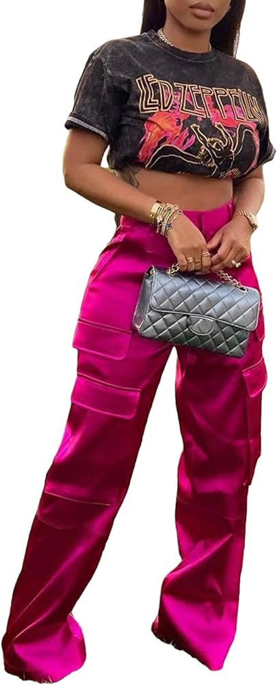XZLUFNY Satin Cargo Pants for Women High Waist Multiple Pockets Wide Leg Trouser | Amazon (US)