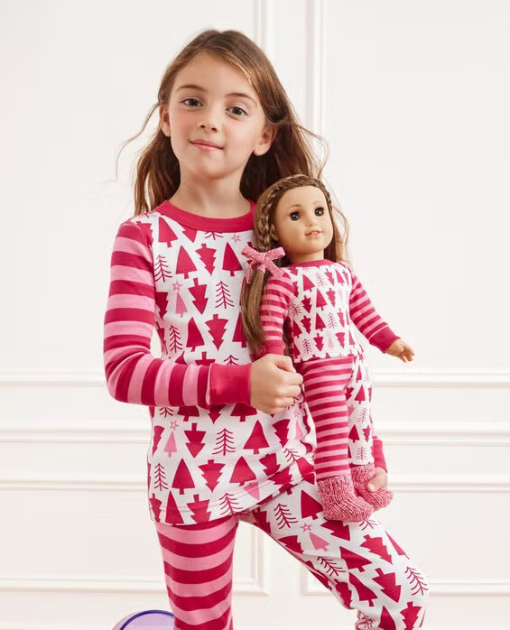 Girls' American Pink Trees & Stripes Girl® Holiday HannaJams™ Pajama Set in 100% Organic Combed Cotton - Size Little Kids 5 by Hanna Andersson | Hanna Andersson