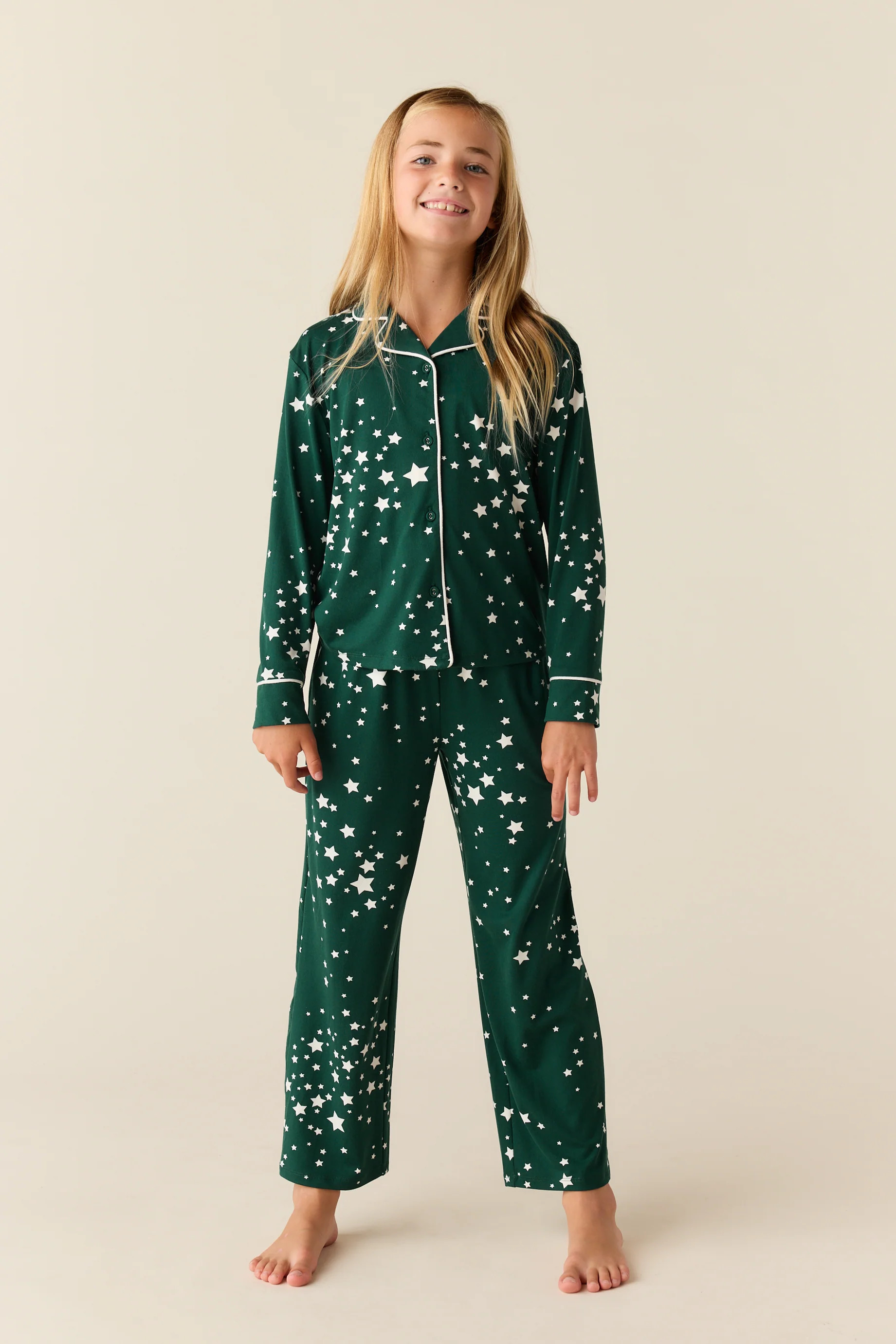 Alex Cloud Jersey Tween PJ Set in Green Stars | MASONgrey