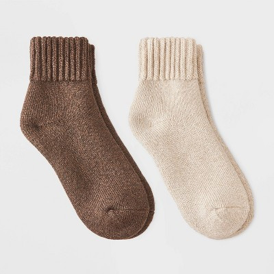 Women's Full Terry with Chunky Ribbed Cuff Cloud Soft Lounge 2pk Ankle Socks - Auden™ Oatmeal Heather/Brown Heather 4-10 | Target