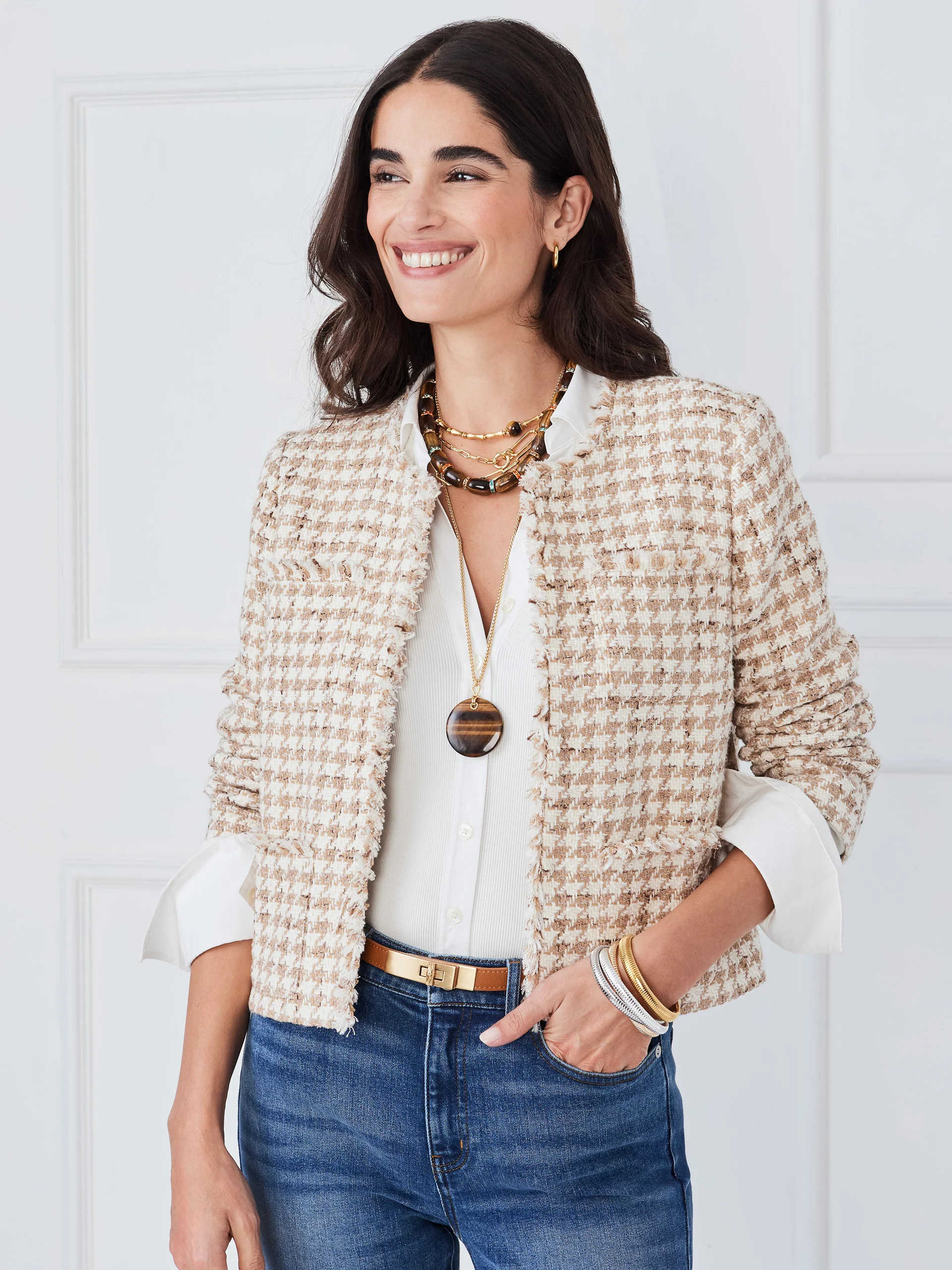 J.McLaughlin Women's Martha Tweed Jacket in Houndstooth White/Taupe, Size Medium | Cotton | J.McLaughlin