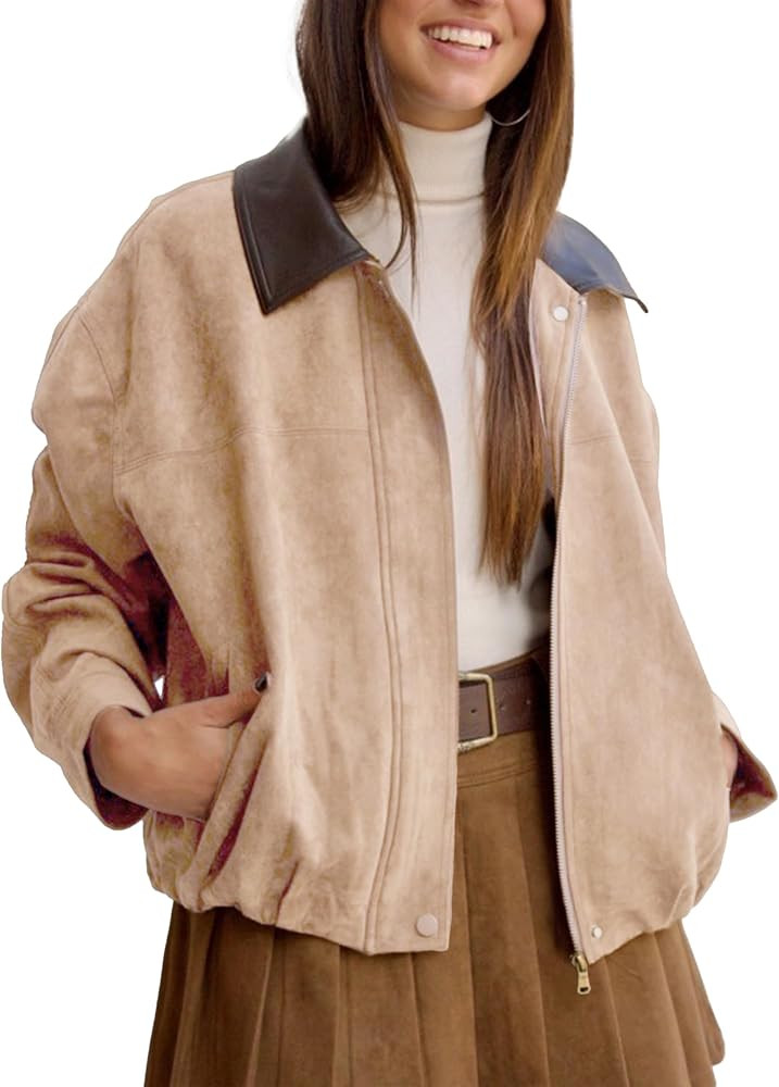 Womens Faux Suede Bomber Jacket Casual Lapel Pilot Cropped Jackets Oversized Motorcycle Zip Up Ou... | Amazon (US)