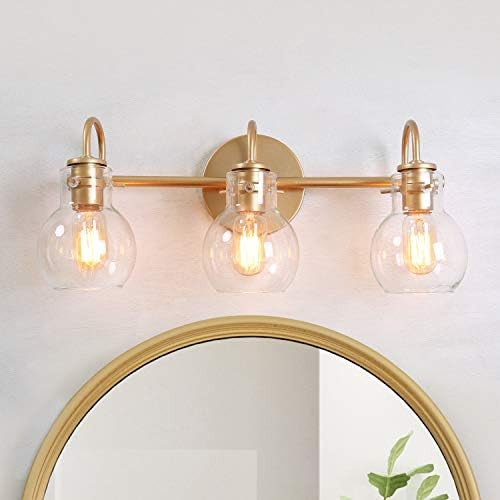 LALUZ Bathroom Light Fixtures, Gold Vanity Light Fixture with Clear Glass Shades for Bathroom, Powde | Amazon (US)