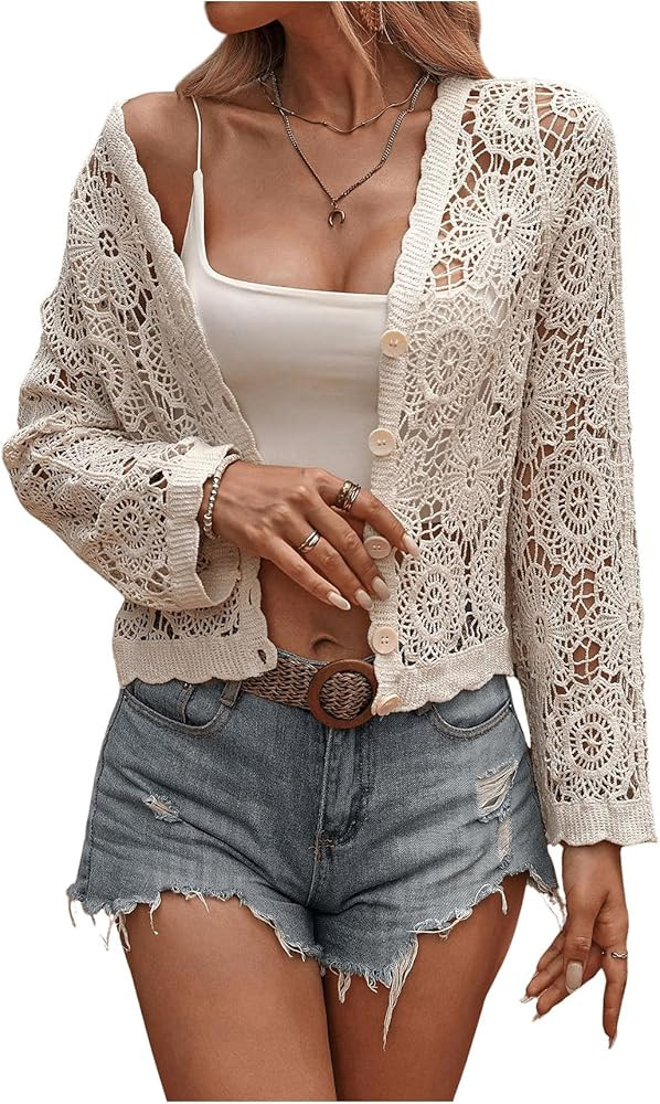 Women's Cardigan Sweater Crochet Hollow Out Button Front V Neck Long Sleeve Knit Crop Sweater Top | Amazon (US)