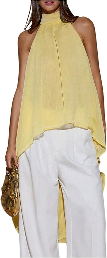 Verdusa Women's Chiffon Halter Tops Asymmetrical Hem Tie Back Blouse Layer Flowy Going Out Top | Amazon (US)