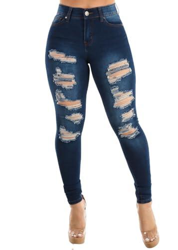 Moda Xpress Womens Juniors Mid Rise Distressed Dark Wash Stretchy Skinny Jeans 10602X | Amazon (US)