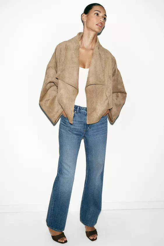Jacket in faux suede fabric. Wrapover lapel collar. Long drop-shoulder sleeves. Concealed side se... | Zara UK