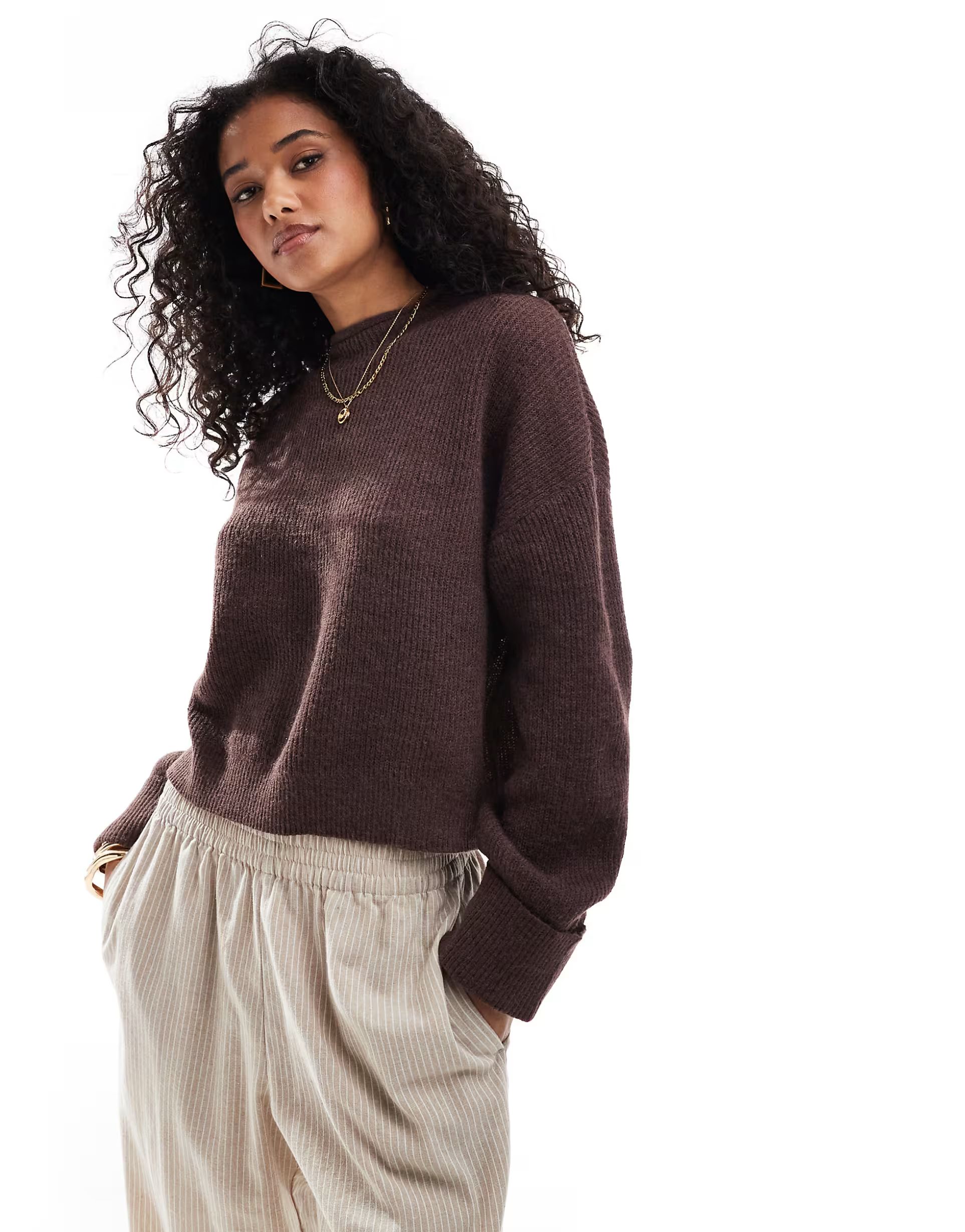 ASOS DESIGN funnel neck crop jumper in brown | ASOS (Global)