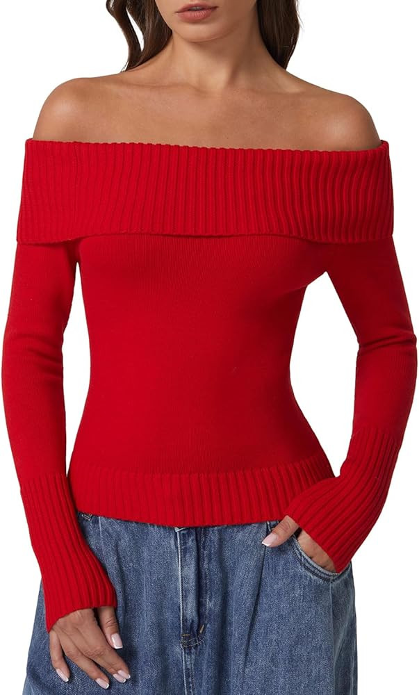 QINSEN Cotton Off The Shoulder Sweater for Women Long Sleeve Ribbed Knit Pullover Sweater Slim Fi... | Amazon (US)