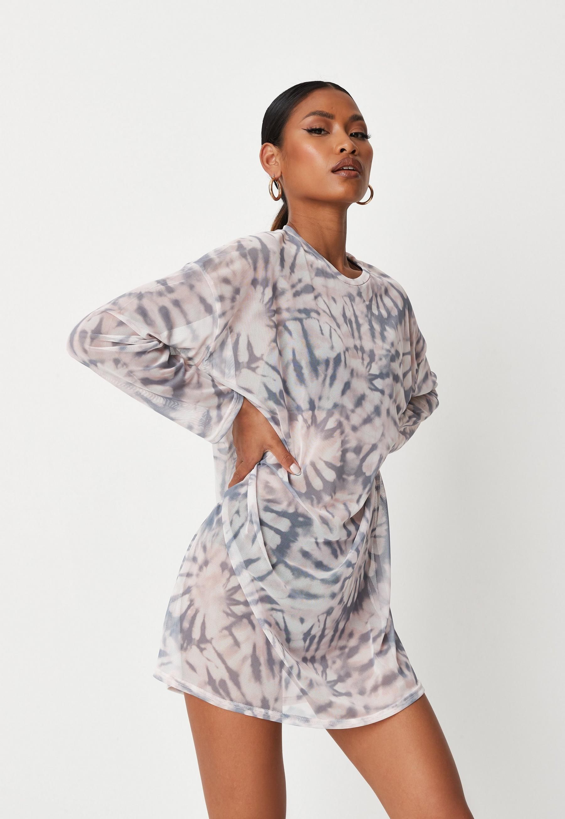 Lilac Tie Dye Mesh Oversized Long Sleeve T Shirt Dress | Missguided (US & CA)