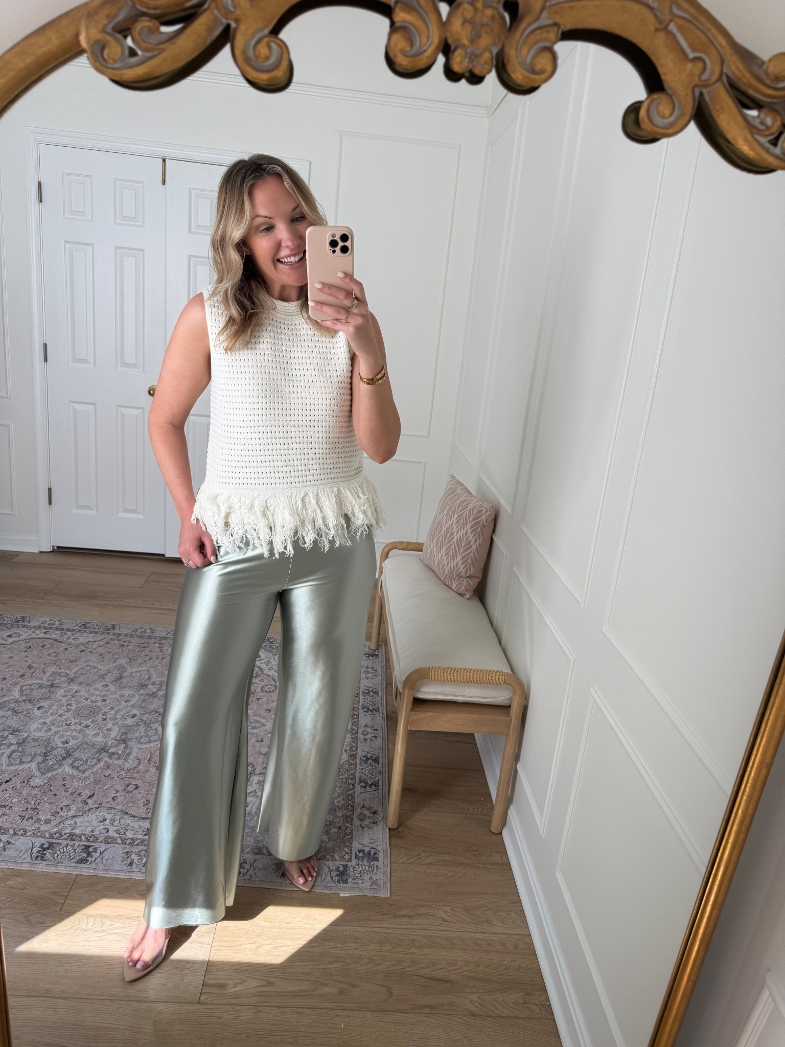 Date night outfit - large satin pants and med top 