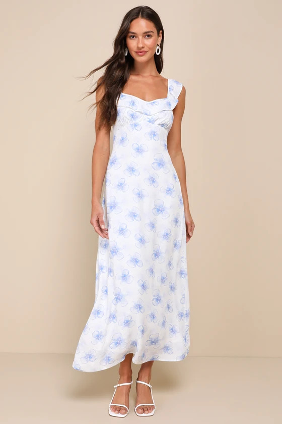Exceptionally Lovely White and Blue Floral Ruffled Midi Dress | Lulus
