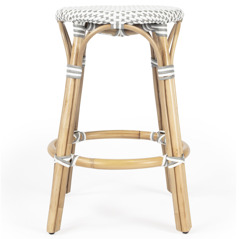 Lily Coastal Beach Grey Woven Brown Rattan Counter Stool | Kathy Kuo Home