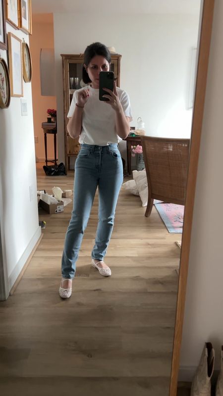 Ballet flats, pearl flats,  sandals, pearl shoes, neutral outfit, casual spring denim, jeans under $100, petite, over 30, white tee, cos, Levi’s wedgie 

#LTKfindsunder100 #LTKVideo #LTKshoecrush