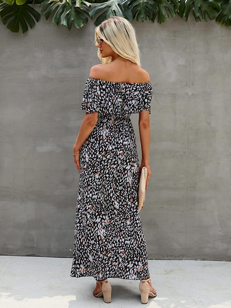 Bardot Ruffle Trim Split Thigh Dress | SHEIN
