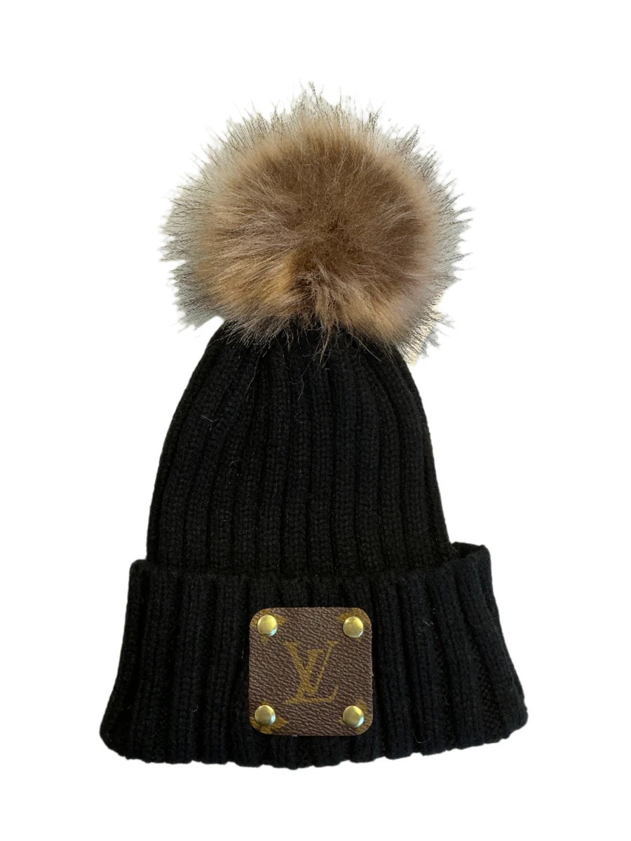 Black PomPom Beanie with Upcycled LV Monogram Patch | Sparkl