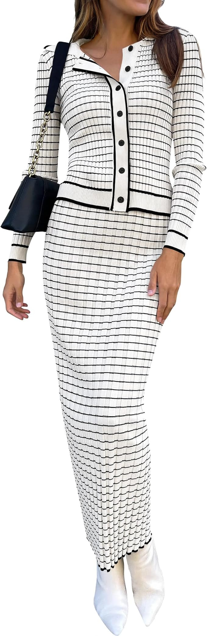 ZESICA Womens Fall Two Piece Outfits Casual Long Sleeve Striped Sweater Cardigan and Maxi Skirts ... | Amazon (US)