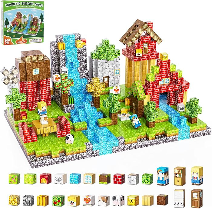 200PCS Magnetic Building Blocks Set, Magnetic Tiles Kids Build Cubes STEM Game Toys, Build Forest... | Amazon (US)