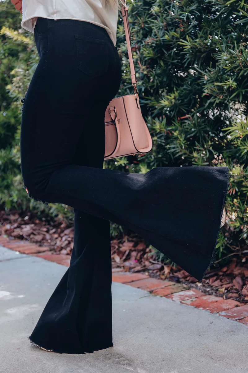 70's Twist Distressed Flare Jeans - Black | Whiskey Darling Boutique