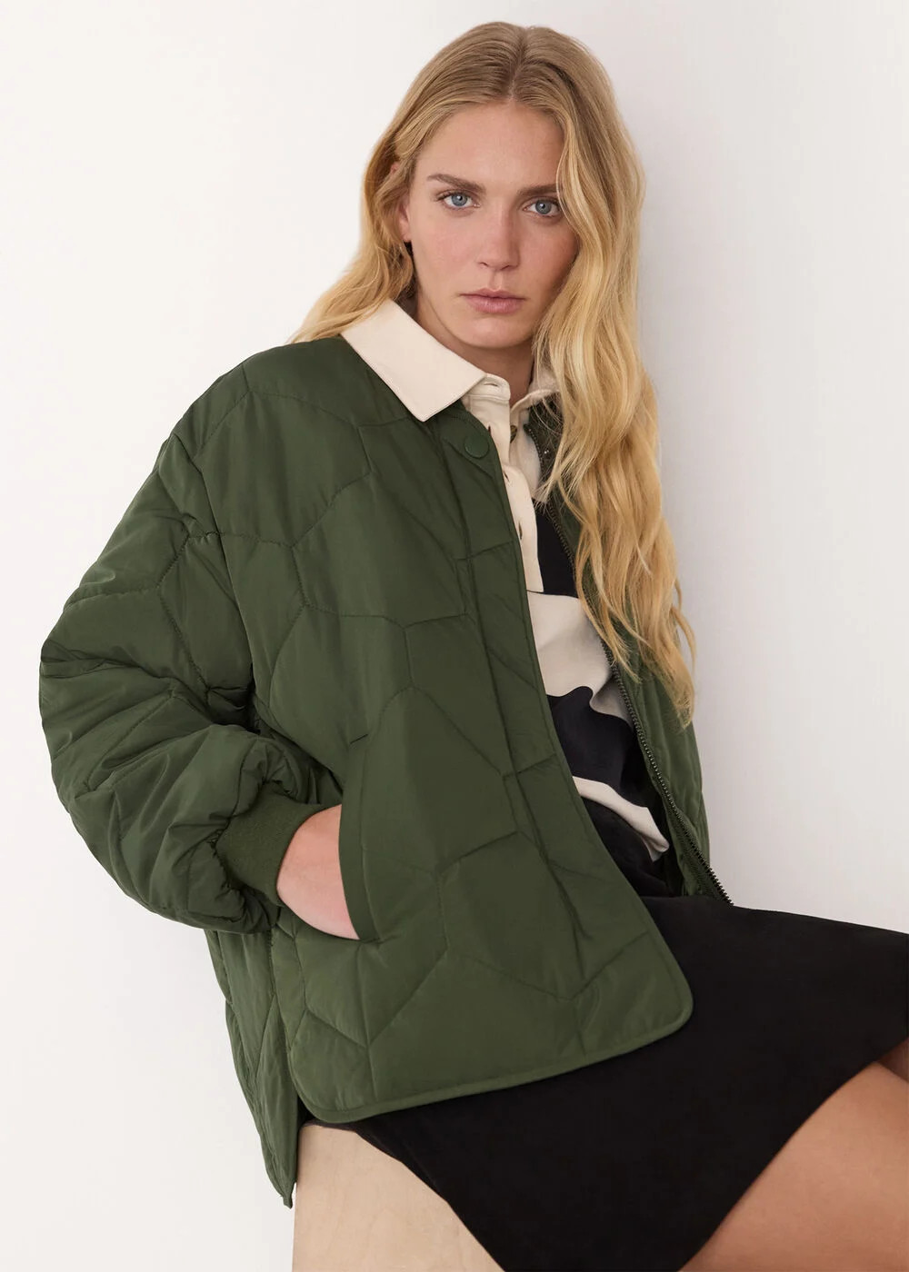 Khaki Ida Short Quilted Coat | WHISTLES | Whistles UK | | Whistles