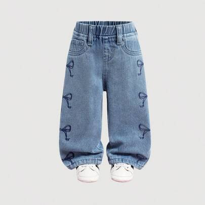 Baby Girl Cute Loose Straight Leg Jeans With Bow Decor, Blue, Girl Fall And Winter Clothes,Fleece And Thicken Denim Jeans | SHEIN