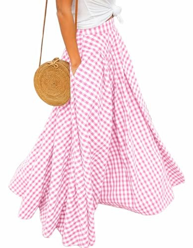 AELSON Women's Gingham Maxi Skirt High Waist Plaid Long Skirts for Women Pleated A Line Flowy Checkered Skirt Summer Casual Pink | Amazon (US)